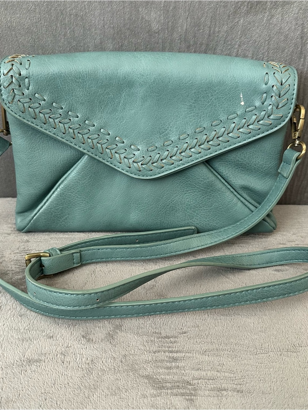 Anthropologie Isabella Whipstitch Teal Envelope Crossbody Bag Decorative Stitch